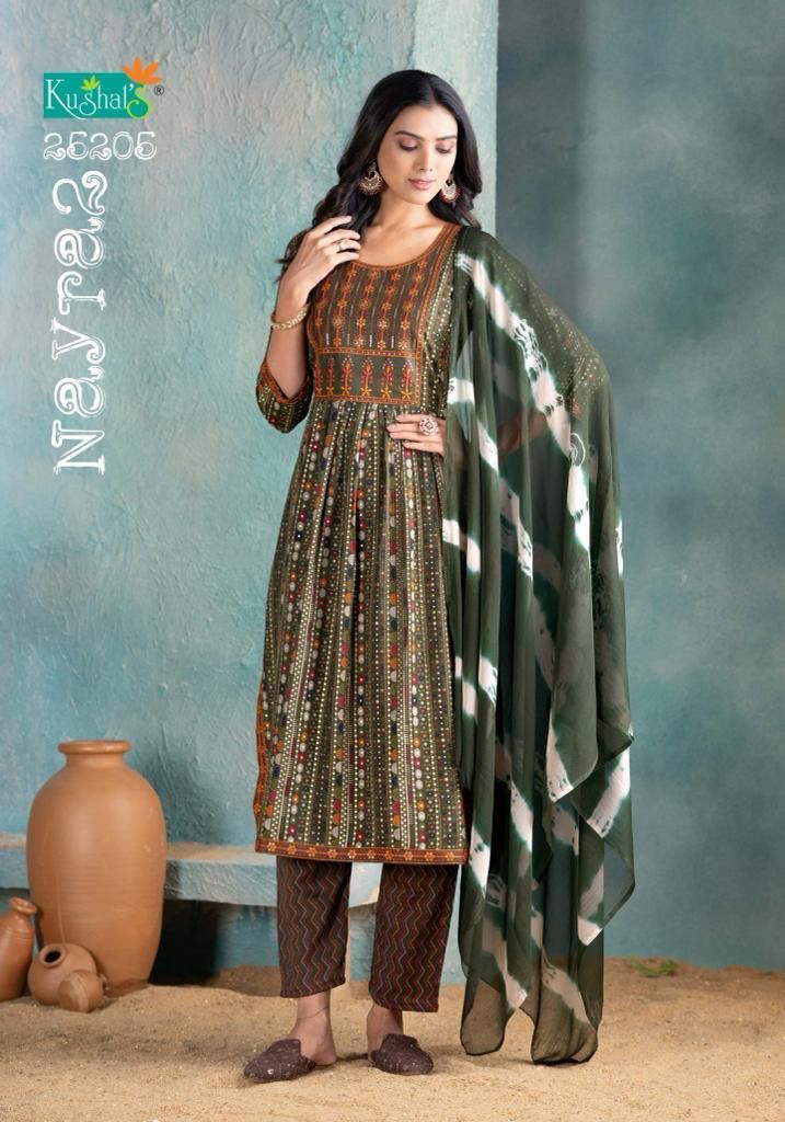 Nayra 2 By Kushals Rayon Printed Naira Cut Kurti With Bottom Dupatta
